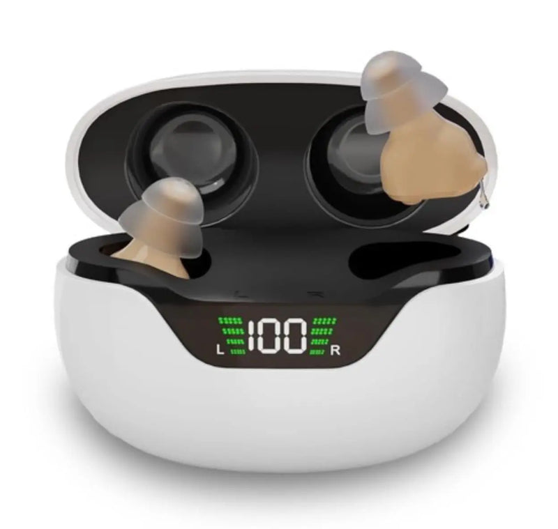 ZINGLE Echoa Hearing Amplifiers in charging case with HD power display and ear tips showing.