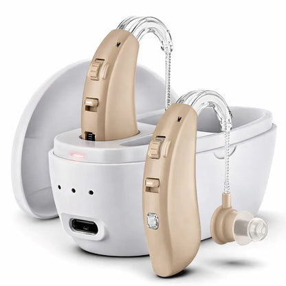 Zingle Sonara – Behind-the-Ear (BTE) Hearing Amplifiers, Rechargeable with Charging Dock with charging base on a white background