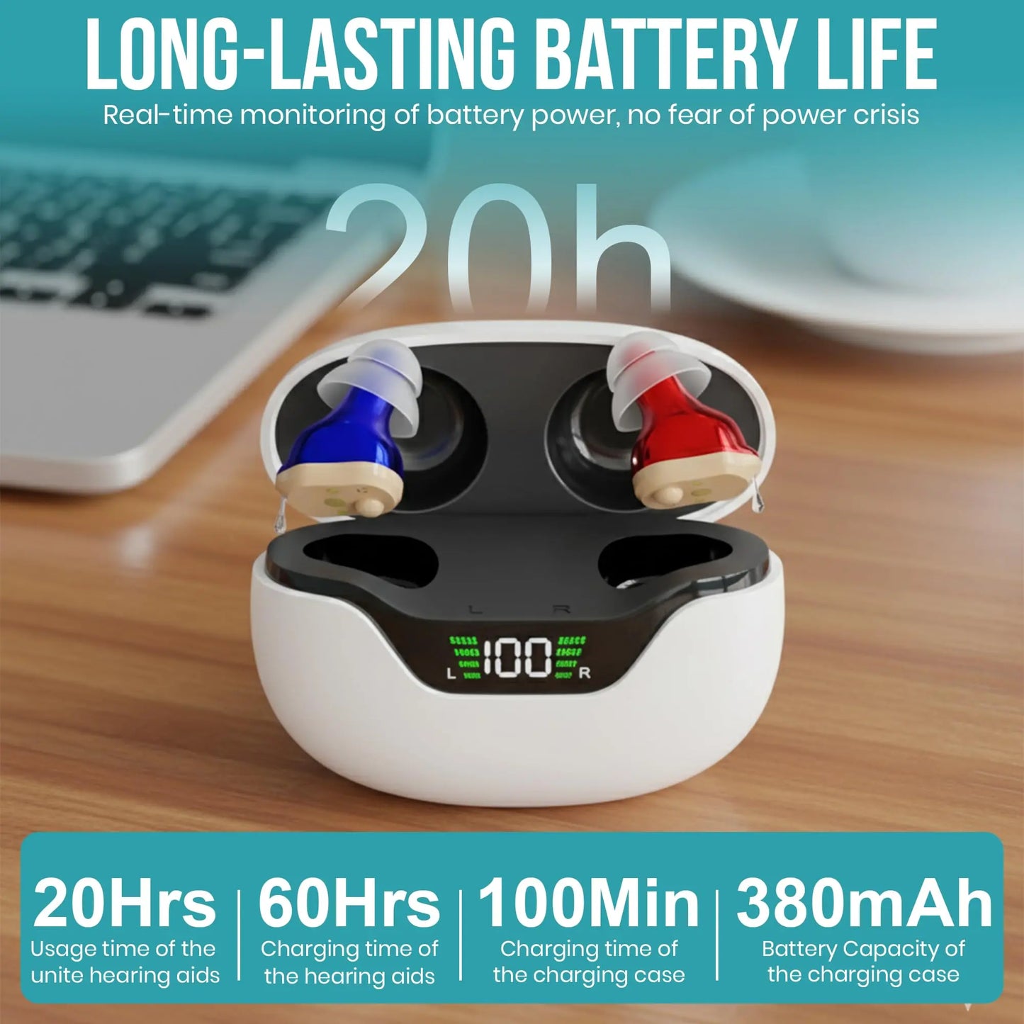 ZINGLE Echoa Hearing Amplifiers showing battery life and charging specs on HD display for optimal performance.