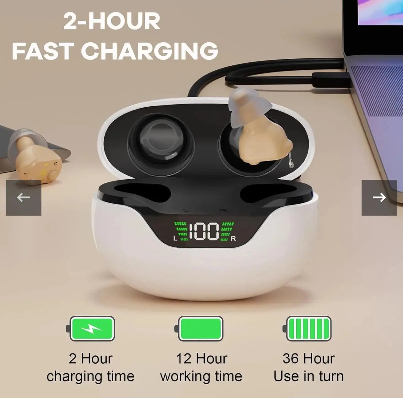 ZINGLE Echoa Hearing Amplifiers charging case showing 2-hour fast charging, 12-hour working time, 36-hour use in turn.