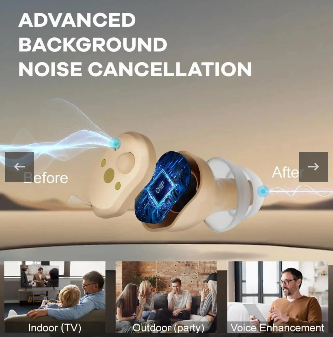 ZINGLE Echoa Hearing Amplifiers showing advanced background noise cancellation features for various environments.