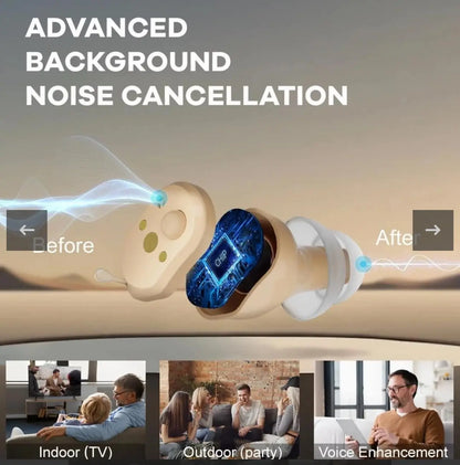 ZINGLE Echoa Hearing Amplifiers showing advanced background noise cancellation features for various environments.