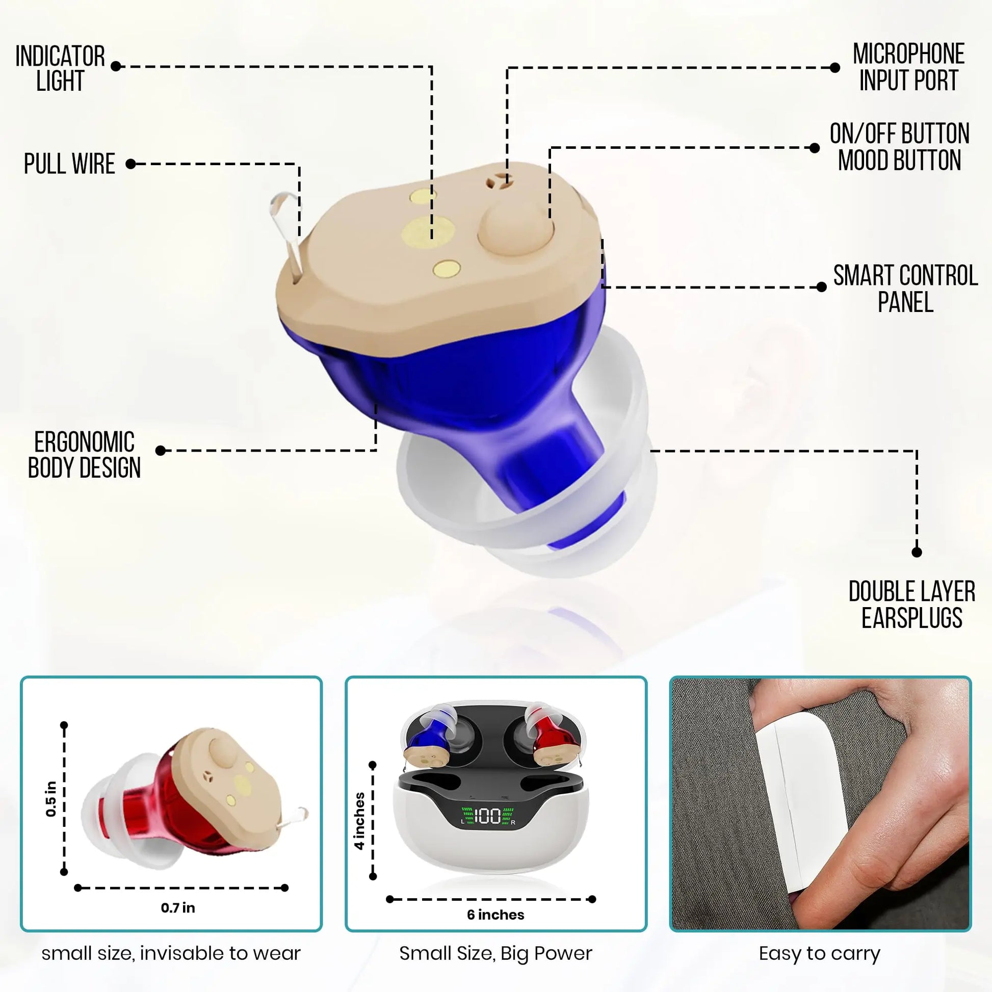 ZINGLE Echoa Hearing Amplifiers ergonomic body design and features including smart control panel and easy to carry earplugs