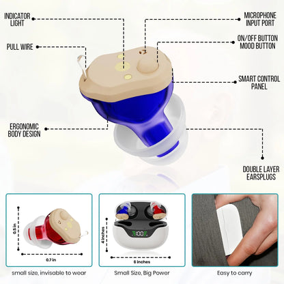 ZINGLE Echoa Hearing Amplifiers ergonomic body design and features including smart control panel and easy to carry earplugs