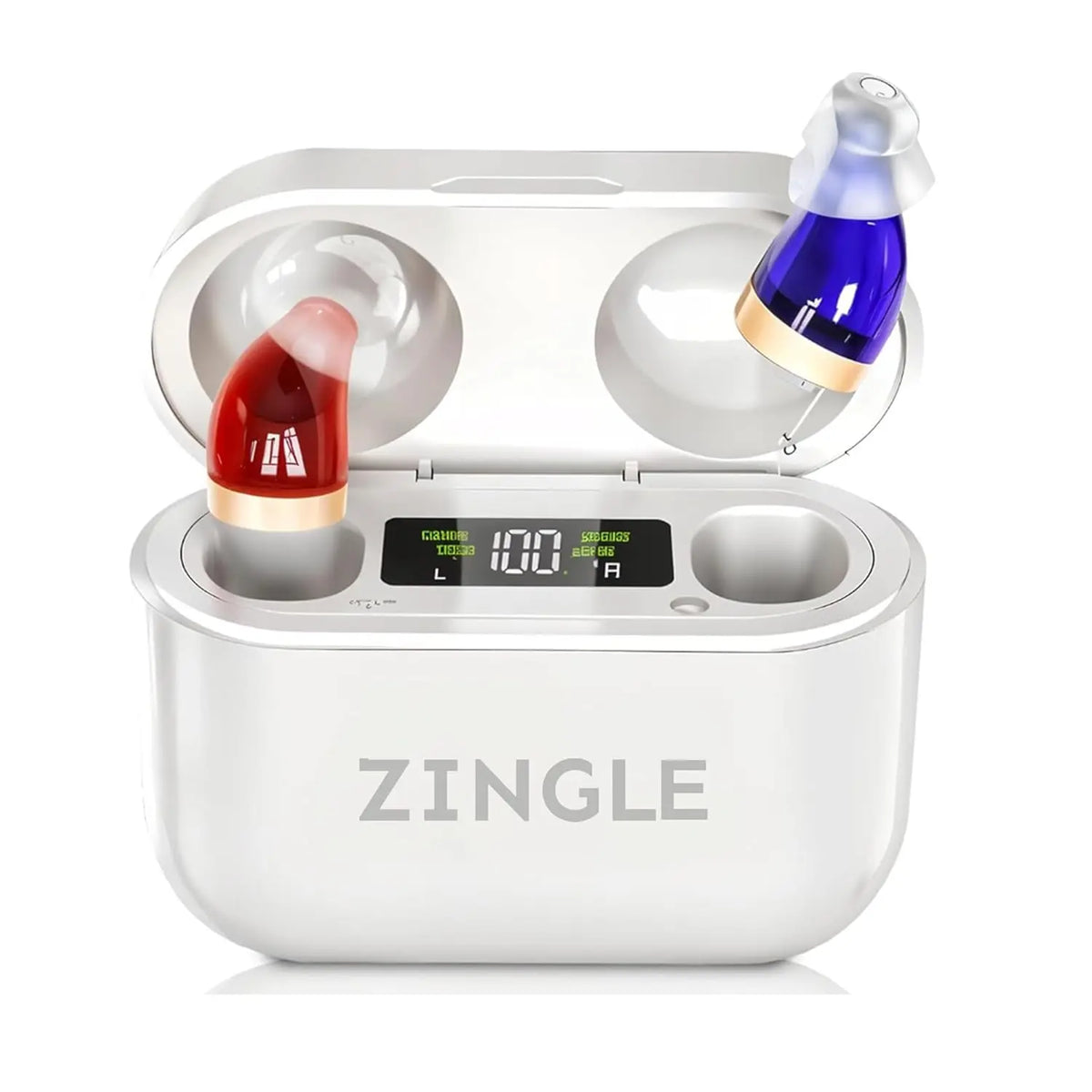 ZINGLE Viora compact hearing amplifier with rechargeable case showcasing affordable hearing amplifier.