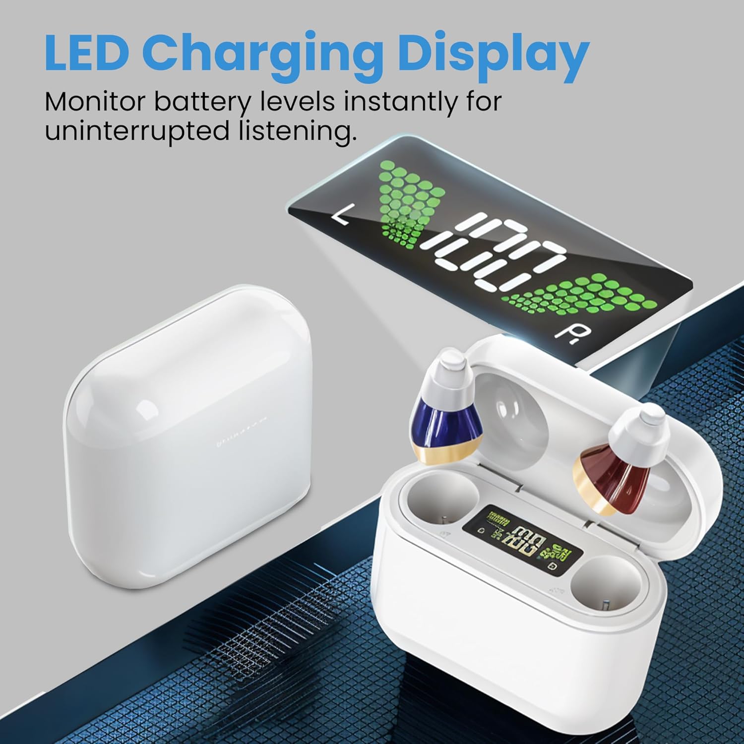 LED charging display showing battery levels for ZINGLE Viora affordable hearing amplifier, ensuring uninterrupted listening.