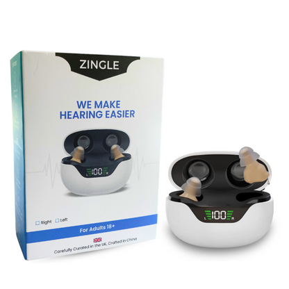 Zingle hearing amplifier devices with packaging on a white background