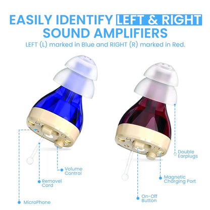 Image of ZINGLE Viora hearing amplifiers showing left and right models with color coding for easy identification.