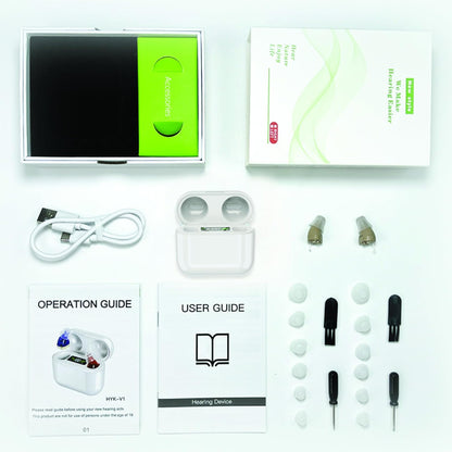 ZINGLE Viora affordable hearing amplifier kit with user guide, operation guide, and accessories.