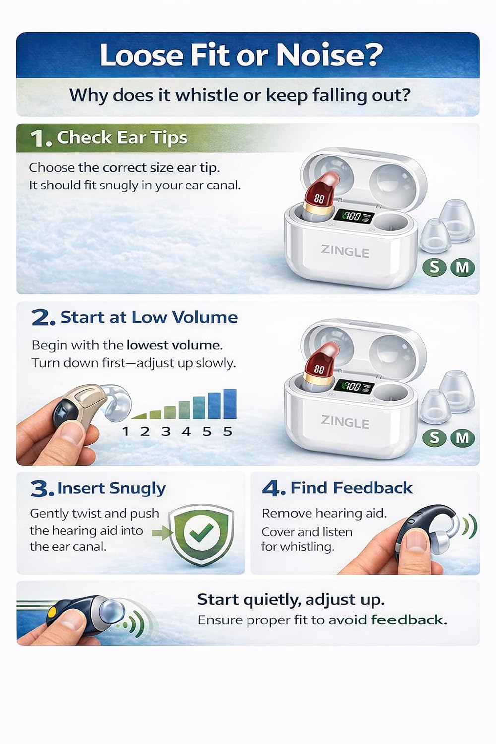 ZINGLE Viora hearing amplifier user guide for minimizing noise and ensuring proper fit for optimal use.