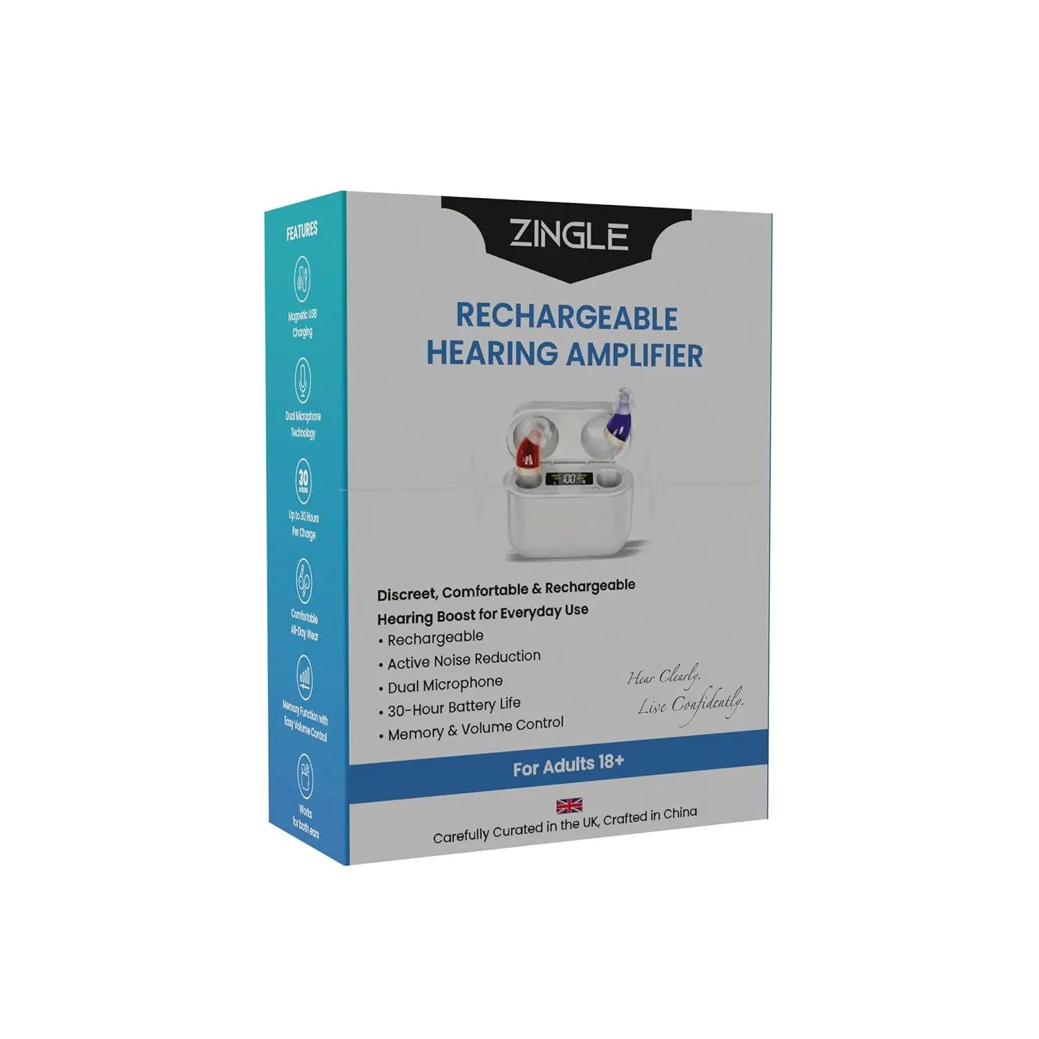ZINGLE rechargeable hearing amplifier packaging, highlighting affordable hearing amplifier features for adults.