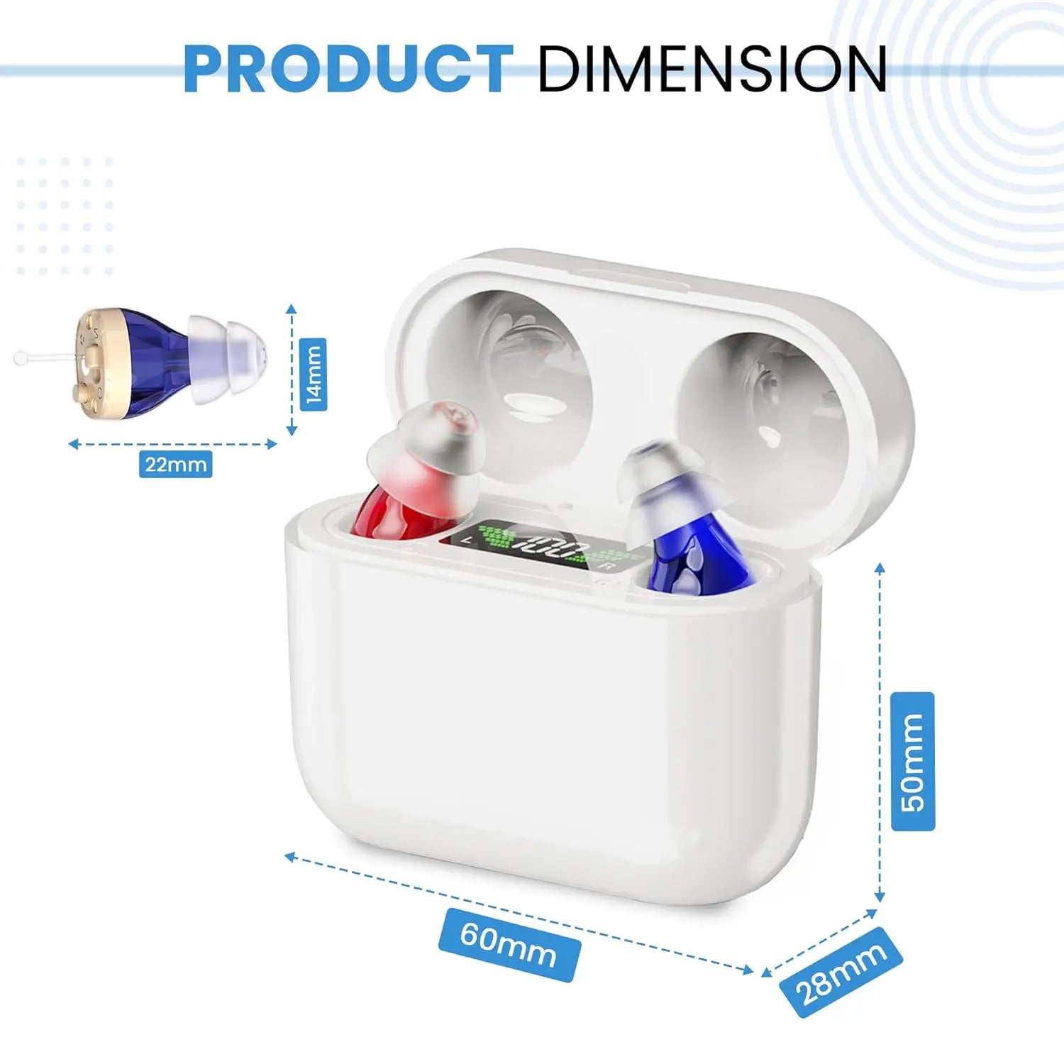 ZINGLE Viora dimensions showing compact design of affordable hearing amplifier with case measurements.