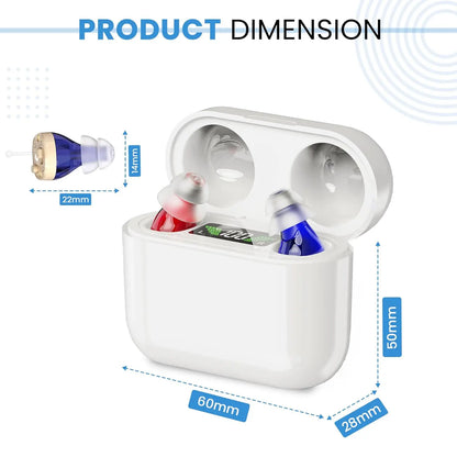 ZINGLE Viora dimensions showing compact design of affordable hearing amplifier with case measurements.