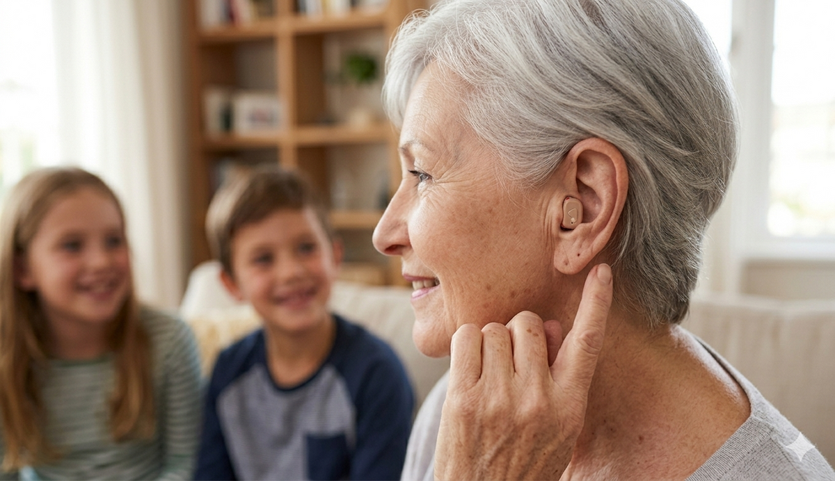 Woman with a hearing amplifier smiling with two children in the background