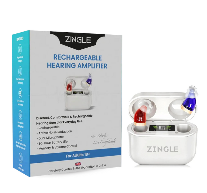 ZINGLE recharge hearing amplifier, an affordable hearing amplifier with dual microphones and long battery life.